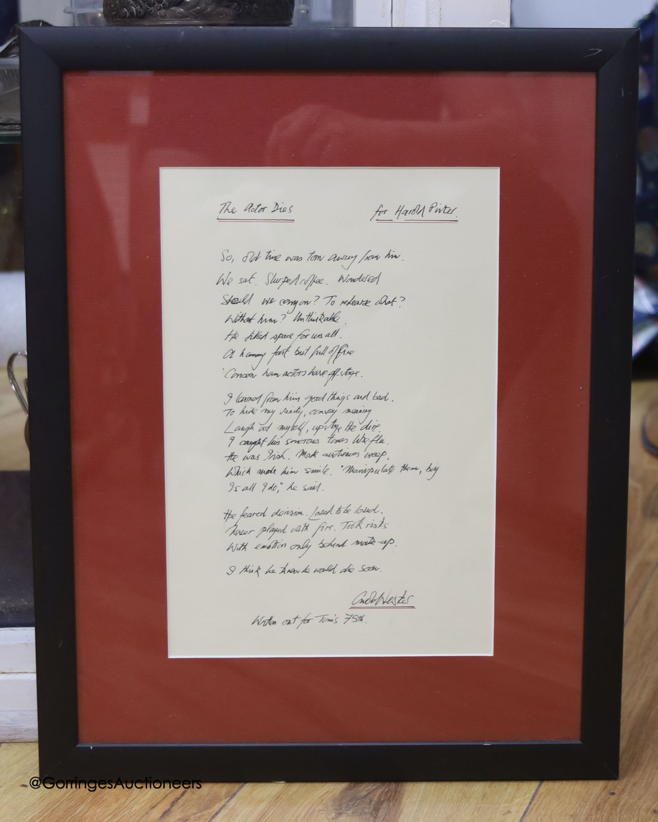 Carol Webster, A handwritten poem The Actor Dies for Harold Pinter, inscribed at the bottom 'written out for Tom's 75th', 27 x 18cm